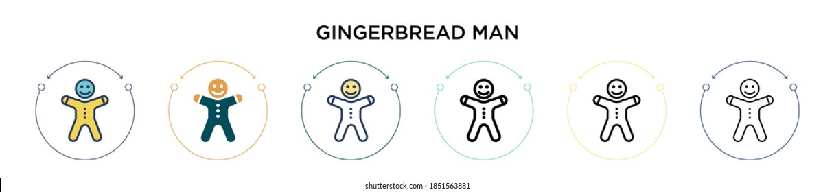 Gingerbread man icon in filled, thin line, outline and stroke style. Vector illustration of two colored and black gingerbread man vector icons designs can be used for mobile, ui, web