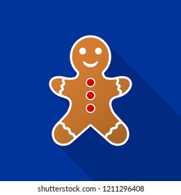 Gingerbread man icon with long shadow on blue background. Vector Illustration EPS 10