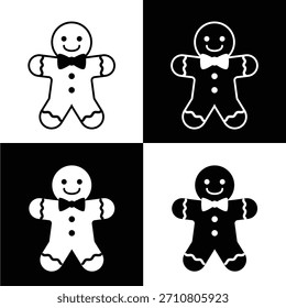 Gingerbread Man Icon Set Black and White Vector. Outline and Filled Christmas Cookie Glyph Collection. Holiday Dessert Symbol for Web and App.