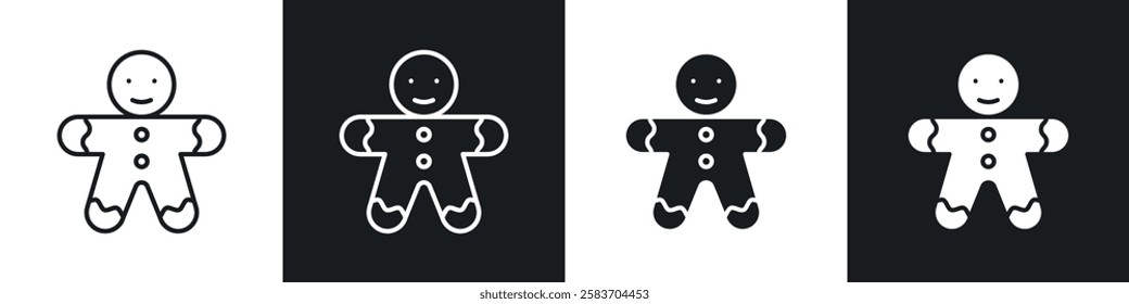 Gingerbread man icons collection in black and white filled and line versions