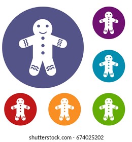 Gingerbread man icons set in flat circle reb, blue and green color for web