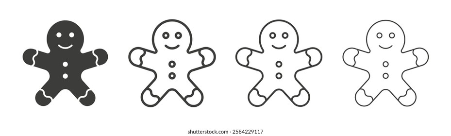 Gingerbread man icons set. Liner outlined and flat black color