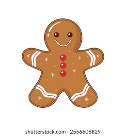 a gingerbread man illustration with a red nose and a smile