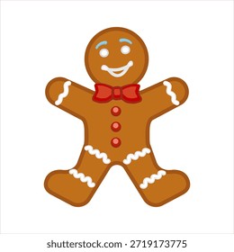 Ein Lebkuchenmann. Das Bild ist fröhlich und festlich,
Glücklicher Lebkuchenmann mit einer Fliege und einem Lächeln im Gesicht. Cookie Weihnachtsfeiertagssymbol für die Weihnachtszeit