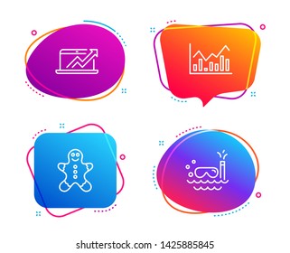 Gingerbread man, Infochart and Sales diagram icons simple set. Scuba diving sign. Christmas cookie, Stock exchange, Sale growth chart. Trip swimming. Business set. Speech bubble gingerbread man icon