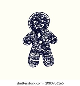 Gingerbread man. Ink black and white doodle drawing in woodcut style
