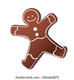Gingerbread man isolated on white background as christmas symbol, emblem, logo. Vector stock illustration with chocolate chip cookie or Christmas gingerbread man with ornament or pattern of glaze