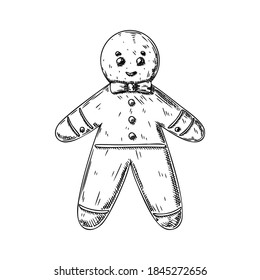 Gingerbread man isolated on white background. Sketch, hand drawn illustration