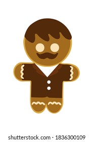 Gingerbread man in a jacket made of chocolate glaze on a white background. Graphic element for greeting card for New Year and Christmas. Vector illustration