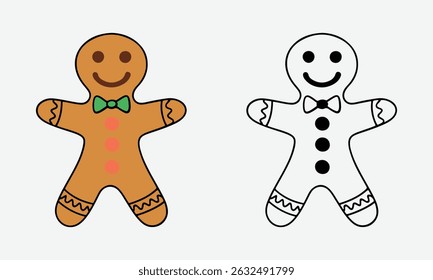 Gingerbread Man in Line and Colorful Vector Style on White Background
