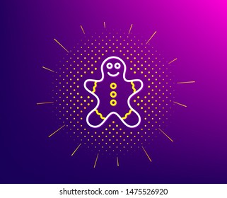 Gingerbread man line icon. Halftone pattern. Ginger cookie sign. Sweet holiday food symbol. Gradient background. Gingerbread man line icon. Yellow halftone pattern. Vector