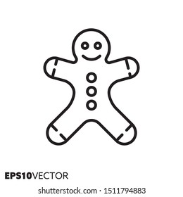 Gingerbread man line icon. Outline symbol of Christmas holidays and festive decoration. Seasonal pastry flat vector illustration.