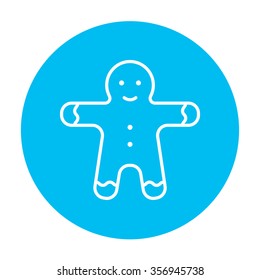 Gingerbread man line icon for web, mobile and infographics. Vector white icon on the light blue circle isolated on white background.