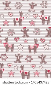 Gingerbread man and llamas seamless vector pattern on stripes background. Cute vector background for New Years day, Christmas, winter holiday, cooking, New Years eve, food. Cute Xmas background. Surfa