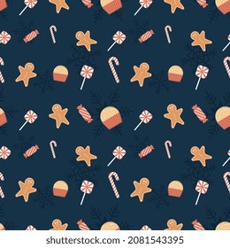 Gingerbread man, lollipop, candy cane, candy, cupcake and snowflake vector in rounded corner theme seamless pattern background. Best for winter holiday fabric, giftwrap, scrapbook, greeting cards.