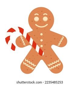Gingerbread man with lollipop isolated on white background. Holiday cookies in flat style