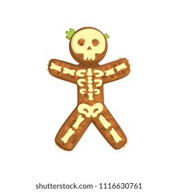 Gingerbread man looks like skeleton, Christmas character with funny face vector Illustration on a white background