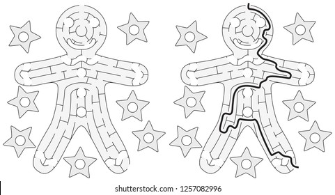 Gingerbread man maze for kids with a solution in black and white