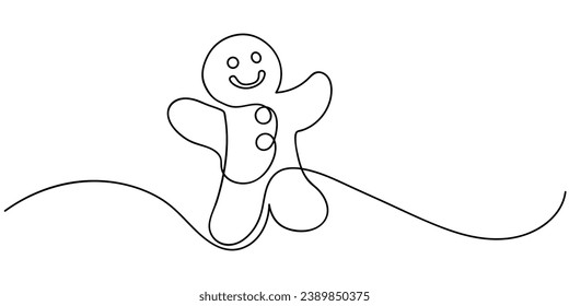 gingerbread man minimalism one line style vector illustration. Continuous line drawing christmas cookie. Black contour isolated holiday symbol for poster, card, invitation, social media design. 