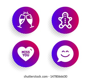 Gingerbread man, Miss you and Champagne glasses icons simple set. Halftone dots button. Smile chat sign. Christmas cookie, Love heart, Chin-chin. Happy face. Holidays set. Vector