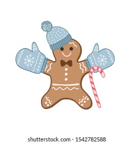 Gingerbread man in mittens and a hat. Color vector illustration by hand. Christmas sweetness