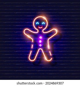 Gingerbread man neon sign. Glowing cookie icon. New Year and Christmas concept. Vector illustration for design.