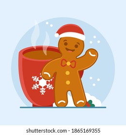 A gingerbread man in a New Year's hat stands next to a cup of coffee and waves his hand. New Year's snowy atmosphere. Merry christmas and a merry new year. Banner concept for website or print.