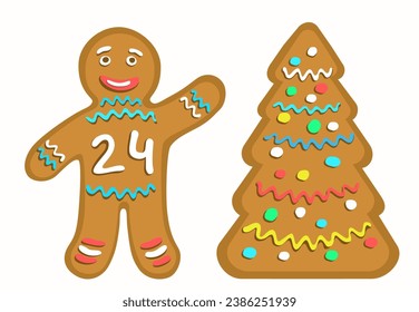 Gingerbread man with the number 24 symbolizing the New Year 2024. Cookie stylized Christmas tree. Inscription twenty third year or anniversary. Isolated on white background. Vector illustration.