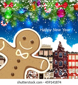 Gingerbread man on the background of snow-covered streets. New Year design background. Falling snow.  Holiday illustration with place for text.