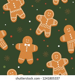 Gingerbread man on green background for Christmas fabrics and decor. Seamless pattern for winter, new year and christmas theme. Set of decorative holiday symbols. Seasonal vector illustration.