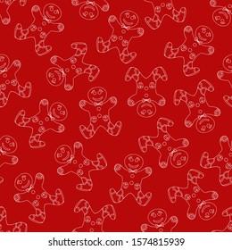 Gingerbread man on red background. Seamless vector pattern for new year's day, christmas, Winter holiday. Can be used for textiles and packaging. 