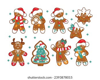 Gingerbread Man and other traditional christmas cookies. Set of stickers, christmas decor. Vector.