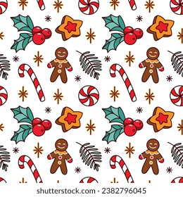 Gingerbread man and others christmas sweets. Seamless pattern.
