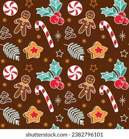 Gingerbread man and others christmas sweets. Seamless pattern.