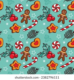 Gingerbread man and others christmas sweets. Seamless pattern.