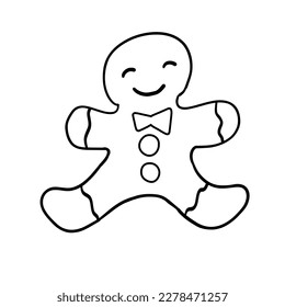 Gingerbread man in outline doodle style. Christmas and New Year cookie. Vector illustration isolated on white background.