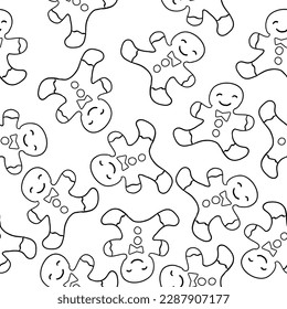 Gingerbread man in outline doodle style. Christmas and New Year cookie. Vector seamless pattern isolated on white background.