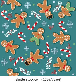 Gingerbread man pattern with candy canes and  berries