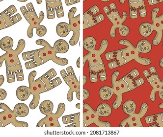 Gingerbread man pattern. Happy winter holidays - cute hand drawn postcard. Merry christmas and happy new year, holly jolly, let it snow  template for banner, t-shirt design.