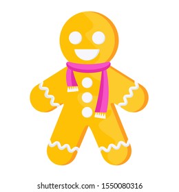 Gingerbread man in a pink scarf. Sweet gingerbread, festive pastries. Traditional treat for catholic christmas. Flat vector illustration on a white background.