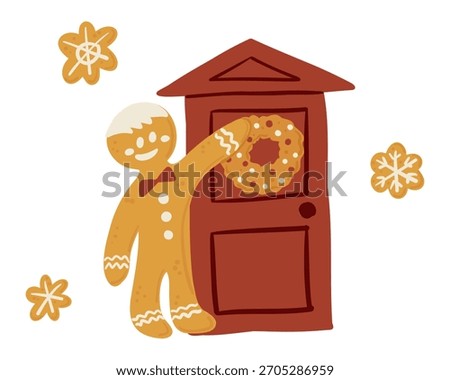 Gingerbread man placing a festive wreath on a door with cookie snowflakes around. The concept conveys christmas warmth, hospitality, celebration and cheerful seasonal spirit