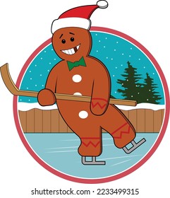 A gingerbread man plays hockey.