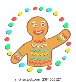 Gingerbread man points with her hand in the direction of something. Christmas character in a round frame of colored candies. Vector illustration.