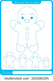 Gingerbread man. Preschool worksheet for practicing fine motor skills - tracing dashed lines. Tracing Worksheet. Illustration and vector outline - A4 paper ready to print.