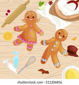 gingerbread man, process of preparing Christmas treats and sweets on a wooden kitchen table and ingredients for cooking flour, yatsa, spices vector illustration