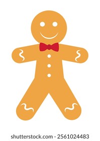 Gingerbread man with red bow tie smiling on white background. Vector illustration