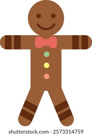 Gingerbread man with a red bow tie and colorful buttons, smiling with outstretched arms. The gingerbread man has chocolate stripes on its arms and legs.