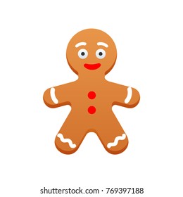 Gingerbread man with red candies and white icing. Christmas Greeting Cookies. New Year winter holidays traditional dessert. Vector illustration isolated on white background.
