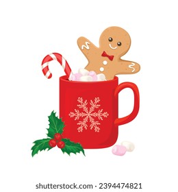 Gingerbread man in red cup with cocoa, candy cane and marshmallow isolated on white background. Vector cartoon illustration of christmas sweet drink.