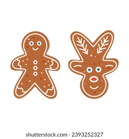 Gingerbread man and reindeer on isolated background. Christmas and New Year traditions concept. Vector illustration.